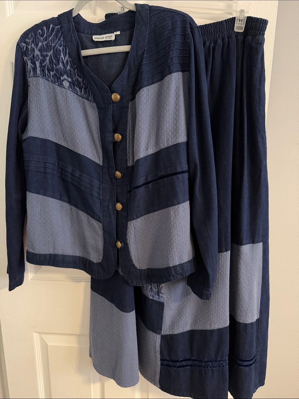 Vintage Marsha Sport Los Angeles Colorblock Skirt Suit Set Size L Navy Denim